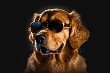 Cute golden retriever dog wearing sunglasses on black background, generative ai