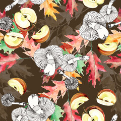 Watercolor autumn leaves with apples and mushrooms on brown background. Seamless pattern for fabric.
