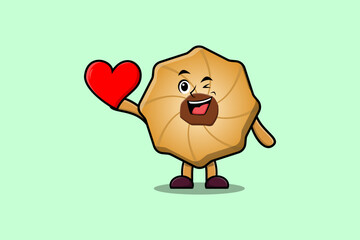 Cute cartoon Cookies character holding big red heart in modern style design illustration