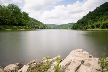 Lázbérci lake in Hungary and the Bükk Mountains in the background
