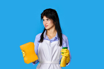woman gloves and cleaner apron with sponge and detergent sprayer
