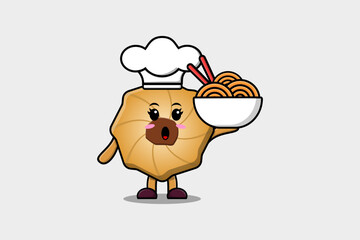 Naklejka premium Cute cartoon Cookies chef character holding noodles in bowl flat cartoon style illustration