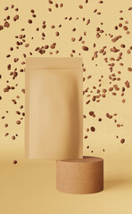 Brown paper pouch bags falling coffee bean podium 3D rendering Merchandise discount doy packaging shop design promo sale
