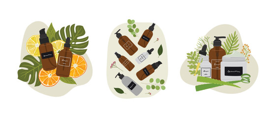 Set of compositions with organic cosmetic products in bottles, jars for skin care with abstract shape and greenery. Cleanser, tonner, serum, cream product. Hand draw vector illustration