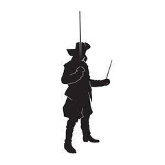 Musketeer with sword detailed isolated vector silhouette.