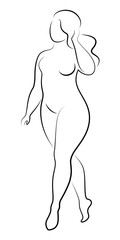 Beautiful woman figure silhouette in modern single line continuous style. The girl is overweight. The lady is standing. Vector illustrations.