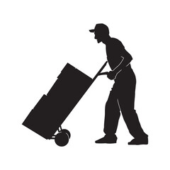 Illustration of a male porter carrying goods using a trolley. Isolated black silhouette. 