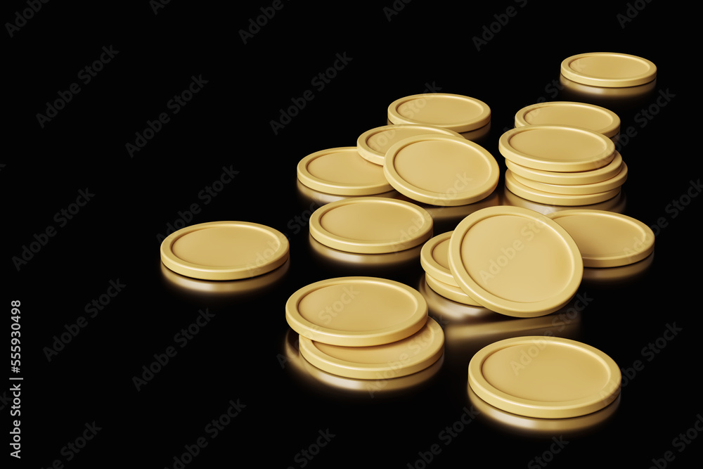 Poster golden coins scattered randomly on a black surface viewed from above. high quality 3d rendering.
