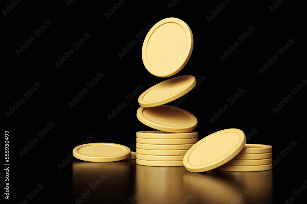 Poster golden tokens in motion forming a stack. template nice for cryptocurrency and financial concepts. hi