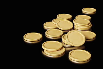 Golden coins scattered randomly on a black surface viewed from above.  High quality 3D rendering.