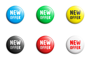 Set of glossy buttons or badges with the inscription: New offer. Flat vector illustration.