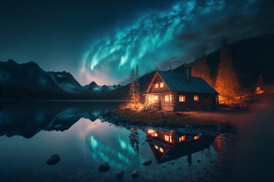 Lighting cottage house under the awesome milkyway winter night