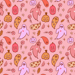 Groovy halloween pattern with pumpkins in retro 70s style. Psychedelic pink illustration of hippie design elements. Vector