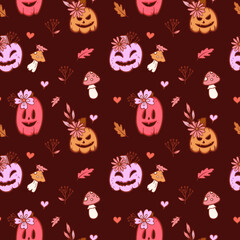 Groovy halloween pattern with pumpkins in retro 70s style. Psychedelic pink illustration of hippie design elements. Vector