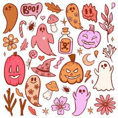 Groovy halloween stickers set in retro 70s style. Psychedelic collection of hippie design elements. The power of monster flowers.
