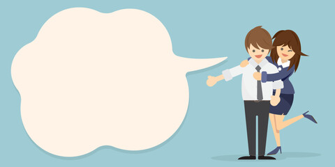 Illustration of happy couple wearing office clothes smiling and laughing together embracing and touching tenderly with blank speech bubble.