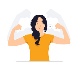 Strong powerful woman raises arms and shows biceps, has piercing in ear, Look at my muscles inner strength concept illustration