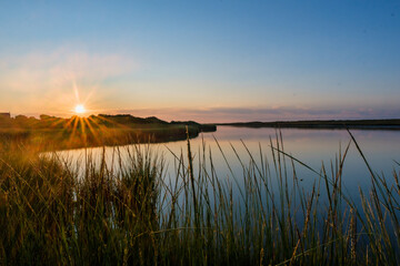 The sun rises over a soft peaceful marsh scene on Martha's Vineyard