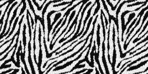 Fototapeta na wymiar Seamless soft fluffy zebra or tiger stripe African safari wildlife pattern. Realistic black and white cozy long pile animal skin print rug or winter fur coat fashion background texture 3D rendering.