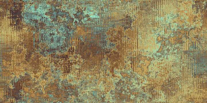 Seamless oxidized copper patina corrugated sheet metal grunge background texture. Vintage antique weathered and worn rusted bronze or brass abstract pattern. Orange brown and mint green 3D rendering.