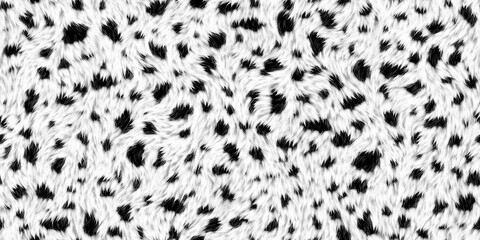 Seamless soft fluffy small cheetah, leopard, dalmatian, cow or calico cat spots pattern. Realistic black and white cozy long pile animal print rug or fur coat fashion background texture 3D rendering.