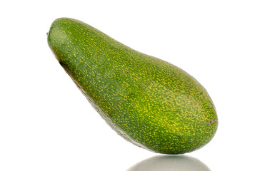 One ripe avocado, macro, isolated on white background.