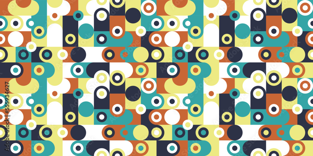 Poster Mosaic background of squares with circles and rings. Colored seamless pattern abstraction. Decor, interior, seamless packaging, stylish abstraction.