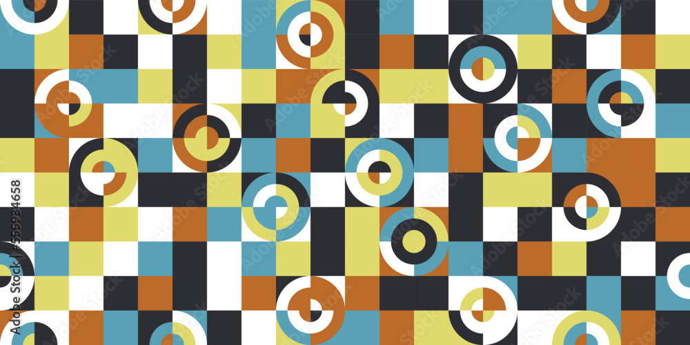 Poster Mosaic background of squares with circles. Colored seamless pattern abstraction. Decor, interior, seamless packaging, stylish pattern.