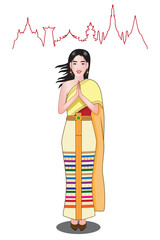 Cute lady or teen costume in Thai traditional dress action as pay respect background with Thailand symbols drawing in cartoon vector