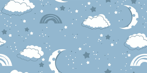 Blue clouds and stars in the sky. Vector design illustration for wallpaper. Decor, interior, seamless packaging, stylish print.