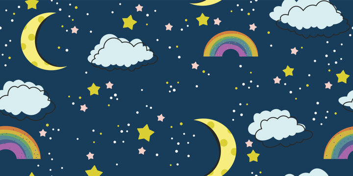 Colorful seamless sky with stars and rainbows. Night sky with stars for children's wallpaper. Vector design illustration for wallpaper.