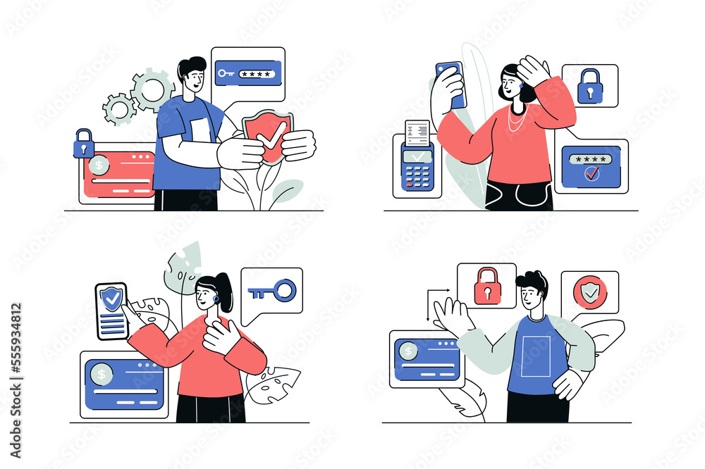 Poster secure payment concept set in flat line design. men and women pay for purchases using financial tran