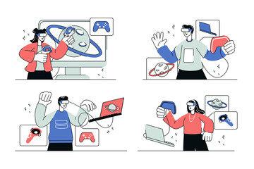 Cyberspace concept set in flat line design. Men and women in VR headsets and controllers interact with augmented reality in games or learning. Illustration with outline people scene for web