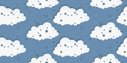 Blue seamless clouds in the sky with stars. Vector design illustration for wallpaper and print. Decor, interior, seamless packaging, stylish pattern.