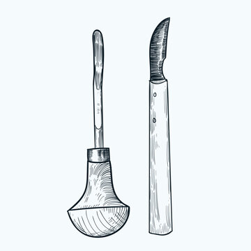 Vintage hand drawn sketch wood carving knife tools