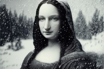 modern style mona lisa portrait under the snow illustration generative ai