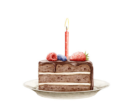Watercolor sweet tasty piece of chocolate birthday cake with many berries on plate and burning candle isolated on white background. Hand drawn illustration sketch