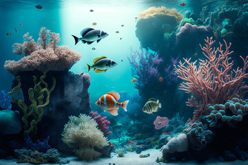 Beautiful aquarium with sea fish and coral