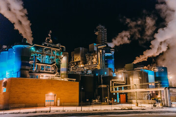 Night photograph of the largest paper production industry in Scandinavia