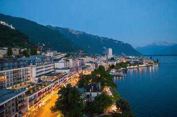 Naklejka na ściany i meble Evening view over Lake Geneva in Montreux, Switzerland.