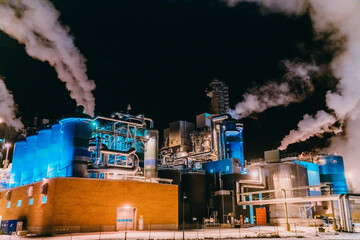 Night photograph of the largest paper production industry in Scandinavia