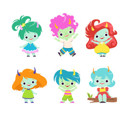 Cute Horned Trolls Boys and Girls as Adorable Smiling Fantasy Creatures Vector Set