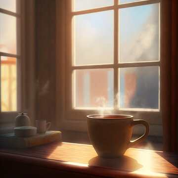 A cup of coffee with warm light from the window, Generative Ai
