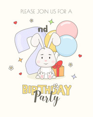 Colorful 2nd birthday invitation card template with cute bunny, gift box and balloons.