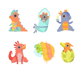 Naklejka premium Cartoon Baby Dragon as Newborn Creature Playing and Having Fun Vector Set