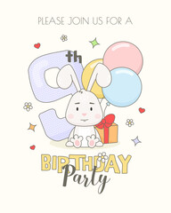 Colorful 9th birthday invitation card template with cute bunny, gift box and balloons.