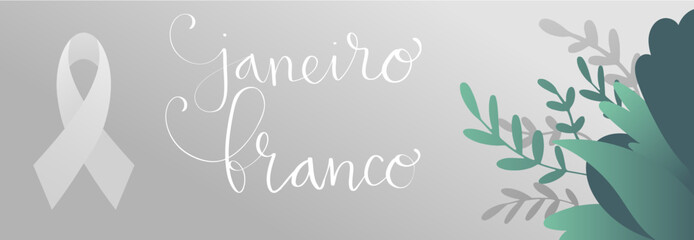 White January in portuguese Janeiro Branco, Brazil campaign for mental health awareness banner. Handwritten calligraphy lettering, plant leaf and branch vector
