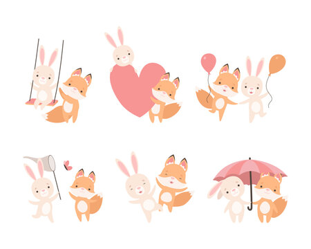 Pretty Little Bunny and Fox Cub Playing Together as Best Friends Vector Set