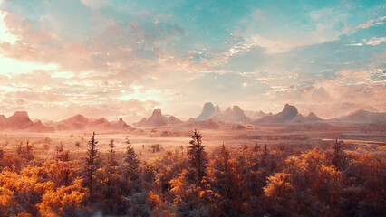 sunrise over beautiful mountains in fall autumn with blue sky