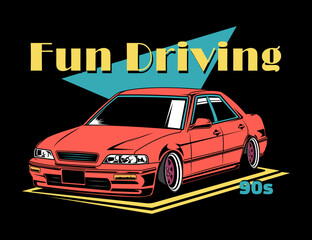 car illustration cartoon with fun driving text design vector fit well for t-shirt printing graphic